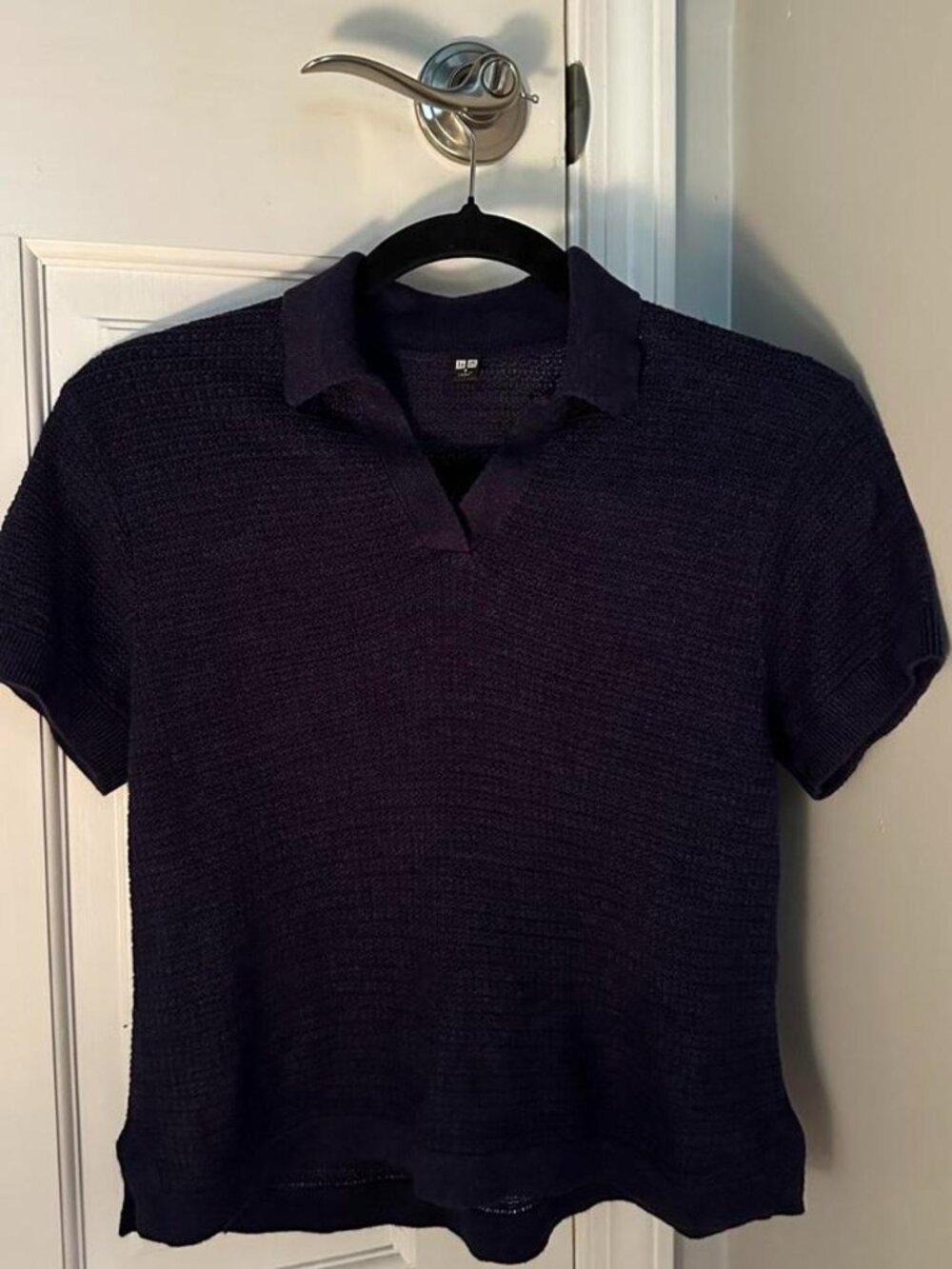 Uniqlo Navy Blue Textured Cropped Relaxed Short-Sleeve Polo Shirt Small